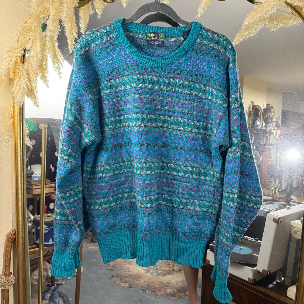 Colours by Alexander Julian Men’s Vintage Blue Green Teal Knit WOOL Sweater
